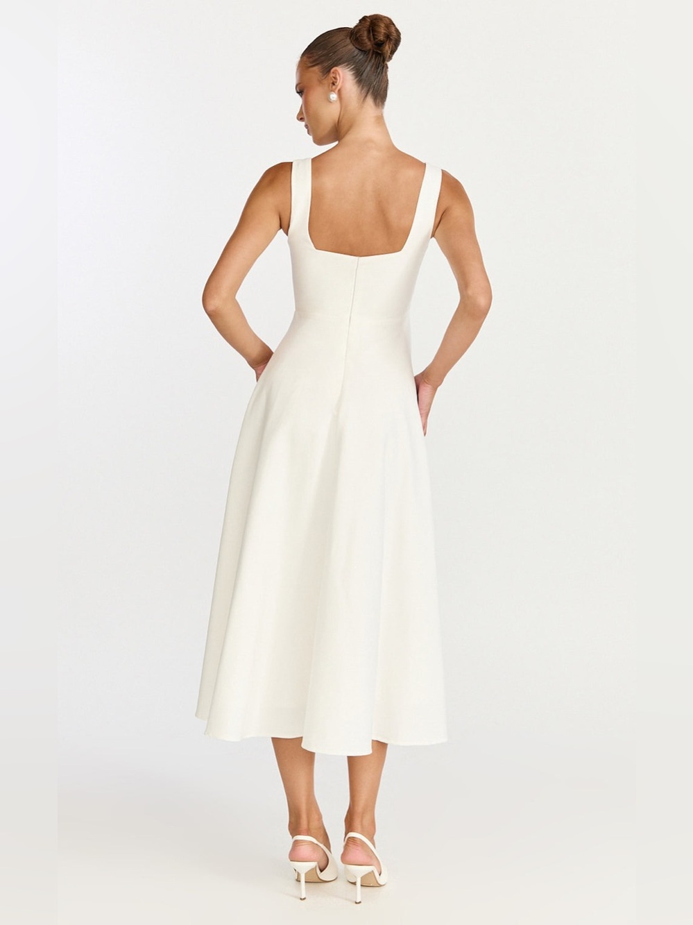SHOWPO Bernie Square Neck Strapped Full Circle Skirt Midi Dress In White - Picture 3 of 9